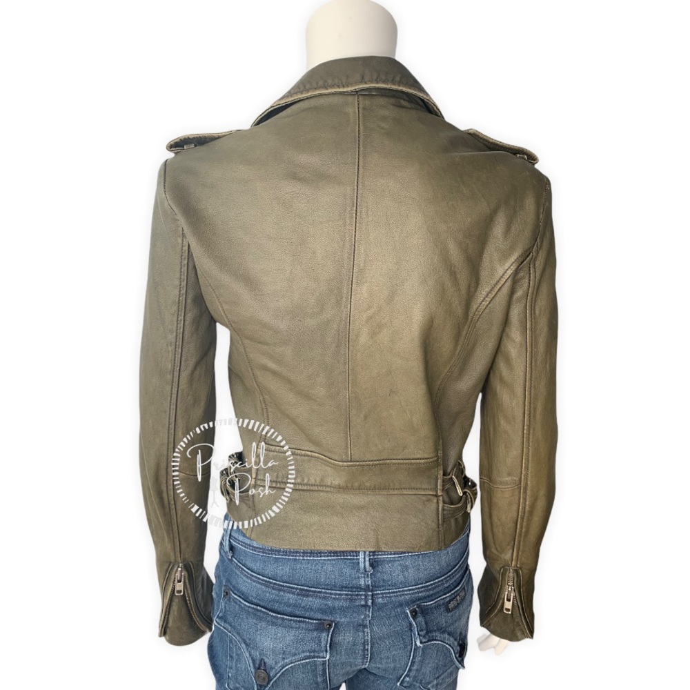 IRO Olive Green Ashville Leather Cropped Distressed Moto Jacket - Picture 9 of 16